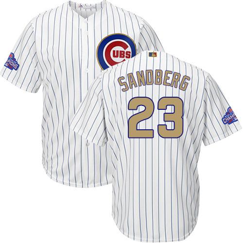 Cubs #23 Ryne Sandberg White(Blue Strip) Gold Program Cool Base Stitched MLB Jersey